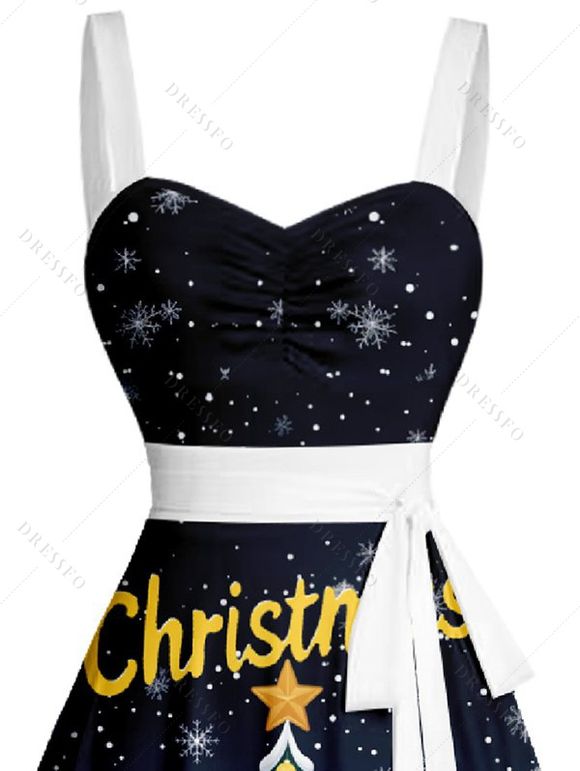 Mini Robe Ligne A Lettre Flocon de Neige et Sapin de Noël Imprimés Ceinturée sans Manches à Volants - Bleu profond XXXXL | US 18