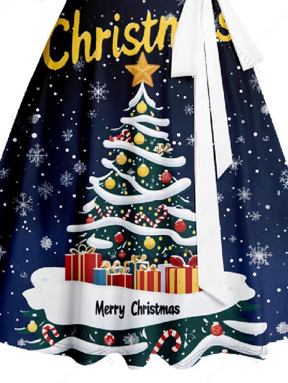 Mini Robe Ligne A Lettre Flocon de Neige et Sapin de Noël Imprimés Ceinturée sans Manches à Volants - Bleu profond XXXXL | US 18