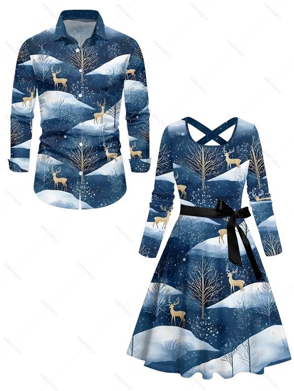 Christmas Elk Snowman Print Long Sleeve Belted Dress And Button Up Shirt Matching Outfit - Bleu gris S | US 4