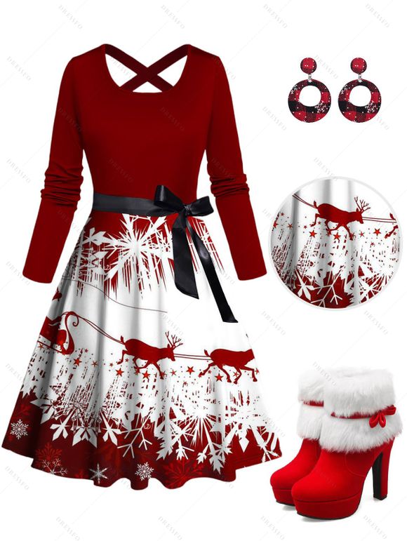 Christmas Snowflake Elk Sleigh Ride Print Crisscross Bowknot Belted Dress And High Heel Faux Fur Boots Plaid Round Earrings Outfit - Rouge foncé S | US 4