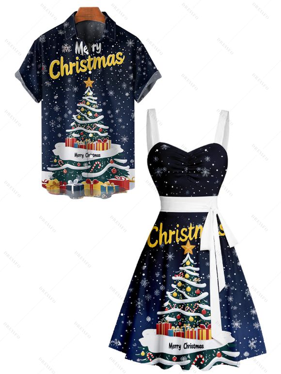 Christmas Tree Snowflake Letter Print Belted Mini Dress And Short Sleeve Button Up Shirt Matching Outfit - Bleu profond S | US 4