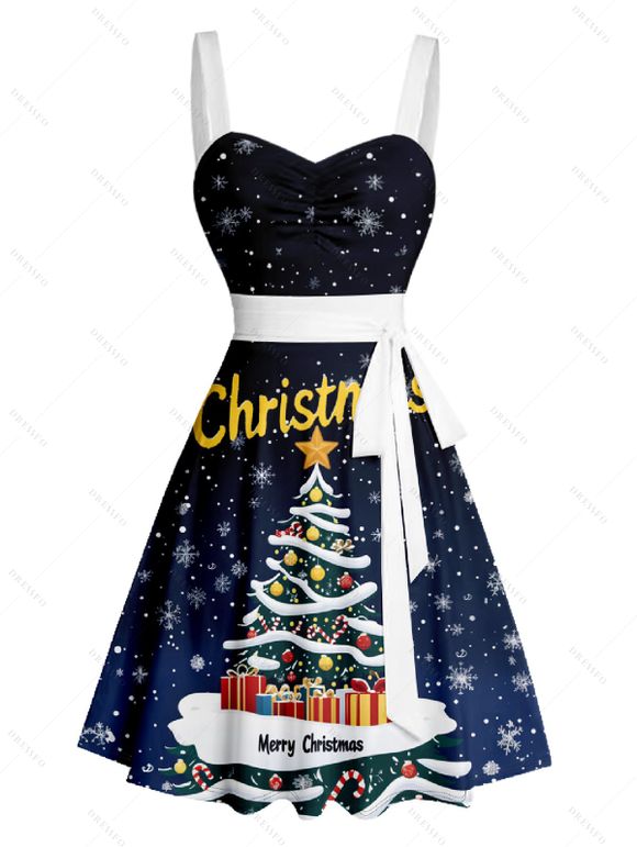 Christmas Tree Snowflake Letter Print Belted Mini Dress And Short Sleeve Button Up Shirt Matching Outfit - Bleu profond S | US 4