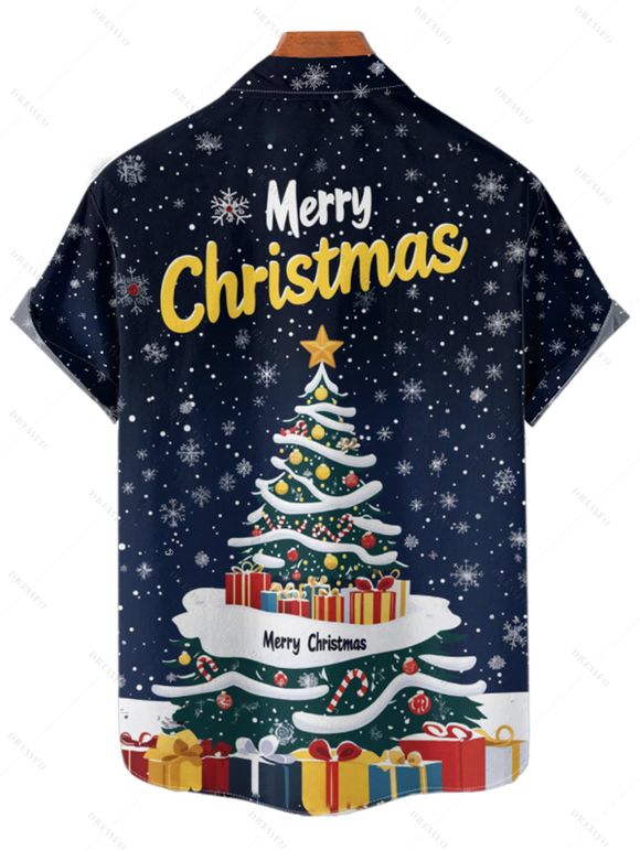 Christmas Tree Snowflake Letter Print Belted Mini Dress And Short Sleeve Button Up Shirt Matching Outfit - Bleu profond S | US 4