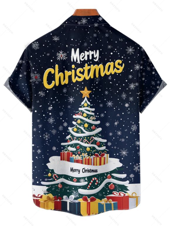 Chemise Boutonnée Imprimé Élément de Noël à Manches Courtes - Bleu profond 5XL