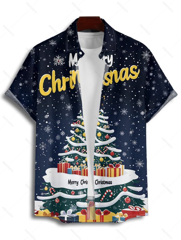 Chemise Boutonnée Imprimé Élément de Noël à Manches Courtes - Bleu profond 5XL
