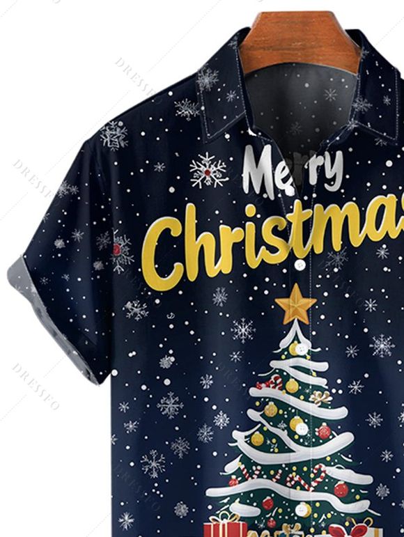 Chemise Boutonnée Imprimé Élément de Noël à Manches Courtes - Bleu profond 5XL