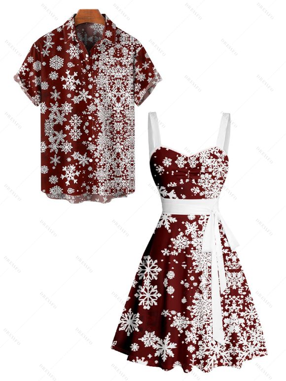 Christmas Snowflake Print Belted Dress and Short Sleeve Button Up Shirt Outfit - Rouge foncé S | US 4