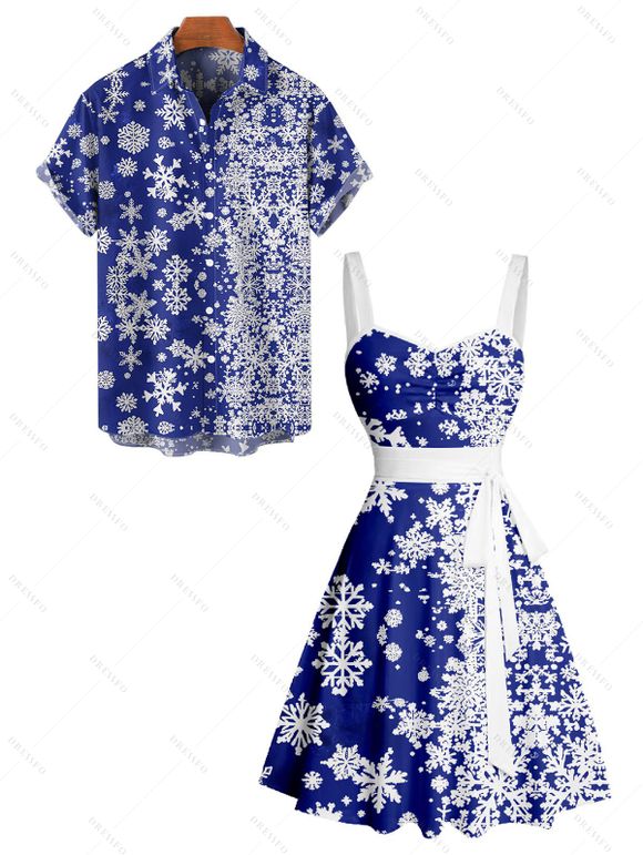 Christmas Snowflake Print Belted Dress and Short Sleeve Button Up Shirt Outfit - Bleu profond S | US 4