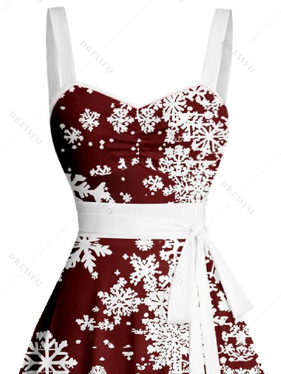 Mini Robe Ligne A Ceinturée Flocon de Neige Imprimée sans Manches à Volants - Rouge foncé XXXL | US 16