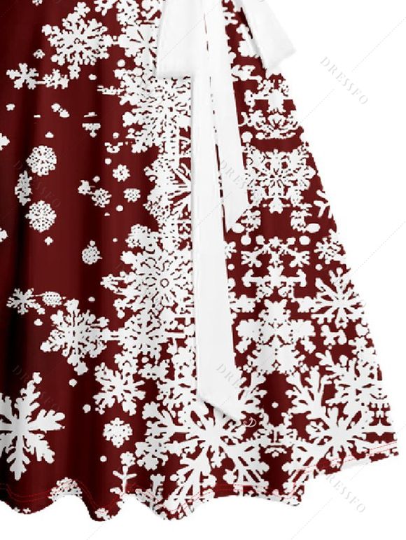 Mini Robe Ligne A Ceinturée Flocon de Neige Imprimée sans Manches à Volants - Rouge foncé XXXL | US 16
