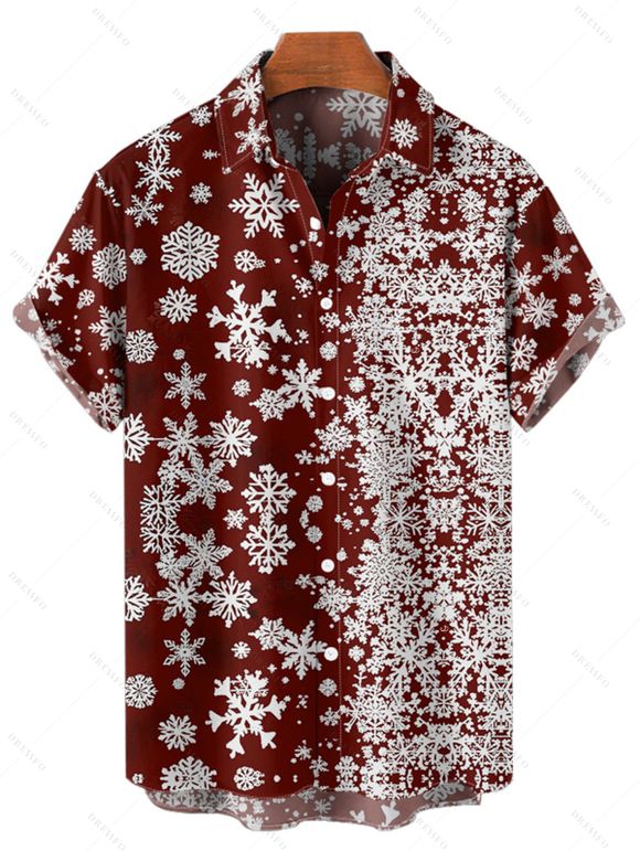 Chemise Boutonnée Flocon de Neige Noël Imprimée Partout à Manches Courtes - Rouge foncé S