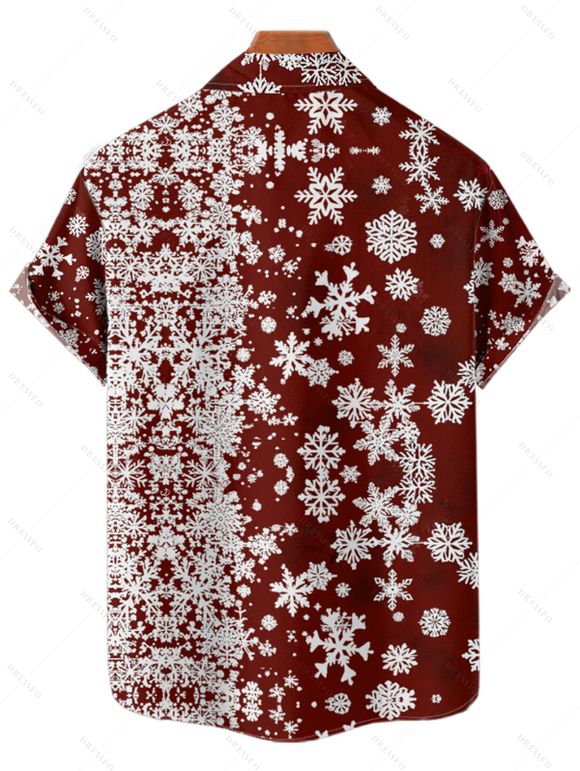 Chemise Boutonnée Flocon de Neige Noël Imprimée Partout à Manches Courtes - Rouge foncé S