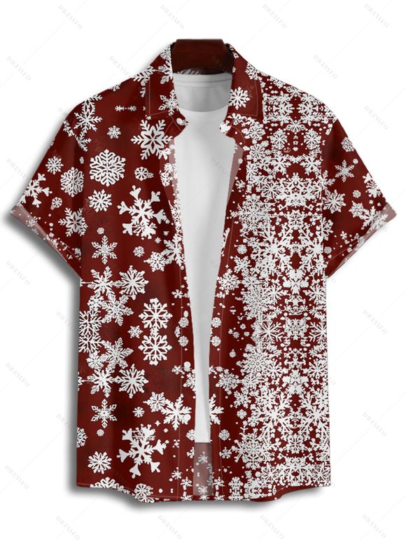 Chemise Boutonnée Flocon de Neige Noël Imprimée Partout à Manches Courtes - Rouge foncé S