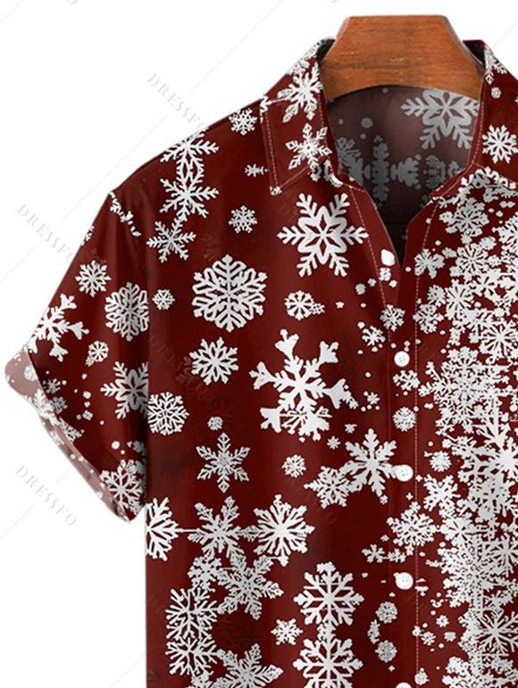Chemise Boutonnée Flocon de Neige Noël Imprimée Partout à Manches Courtes - Rouge foncé S