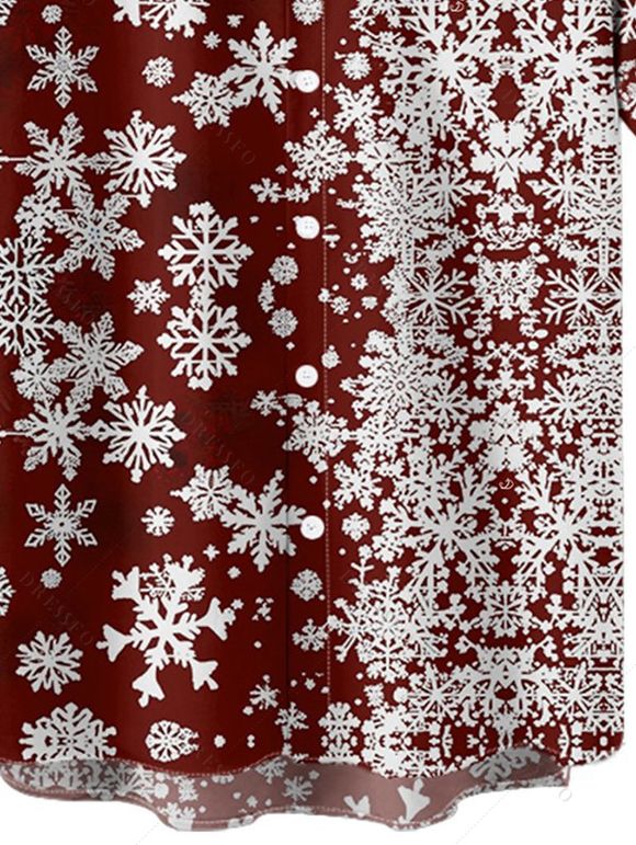 Chemise Boutonnée Flocon de Neige Noël Imprimée Partout à Manches Courtes - Rouge foncé S