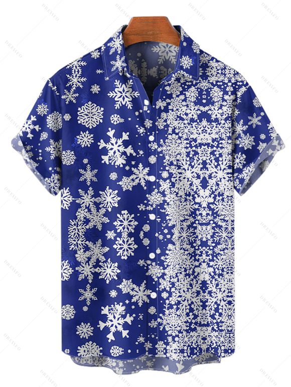 Chemise Boutonnée Flocon de Neige Noël Imprimée Partout à Manches Courtes - Bleu profond S