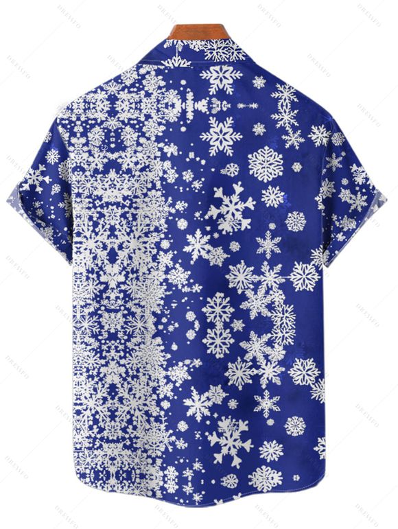 Chemise Boutonnée Flocon de Neige Noël Imprimée Partout à Manches Courtes - Bleu profond 4XL