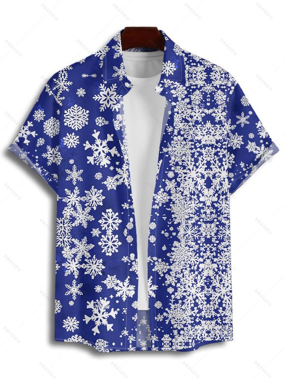Chemise Boutonnée Flocon de Neige Noël Imprimée Partout à Manches Courtes - Bleu profond 4XL