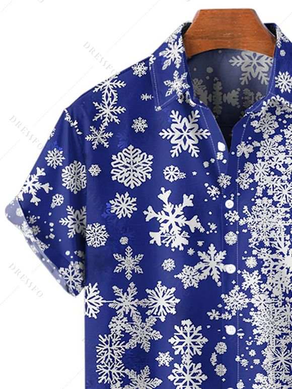 Chemise Boutonnée Flocon de Neige Noël Imprimée Partout à Manches Courtes - Bleu profond 4XL