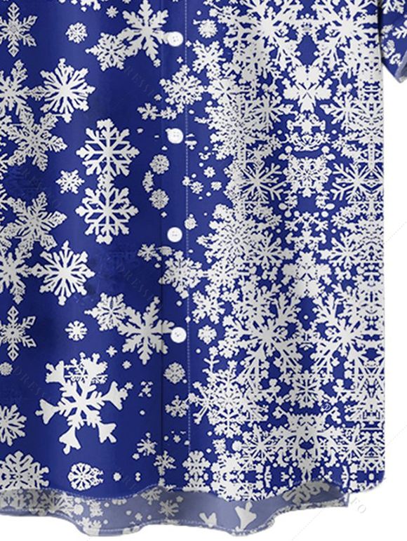 Chemise Boutonnée Flocon de Neige Noël Imprimée Partout à Manches Courtes - Bleu profond 4XL