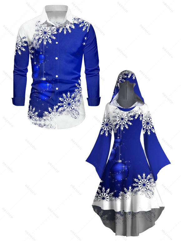 Christmas Ball Snowflake Print Flutter Sleeve High Low Hooded Dress And Long Sleeve Button Up Shirt Matching Outfit - Bleu S | US 4