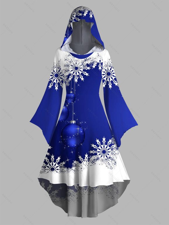 Christmas Ball Snowflake Print Flutter Sleeve High Low Hooded Dress And Long Sleeve Button Up Shirt Matching Outfit - Bleu S | US 4