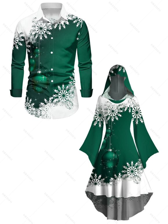 Christmas Ball Snowflake Print Flutter Sleeve High Low Hooded Dress And Long Sleeve Button Up Shirt Matching Outfit - Vert profond S | US 4