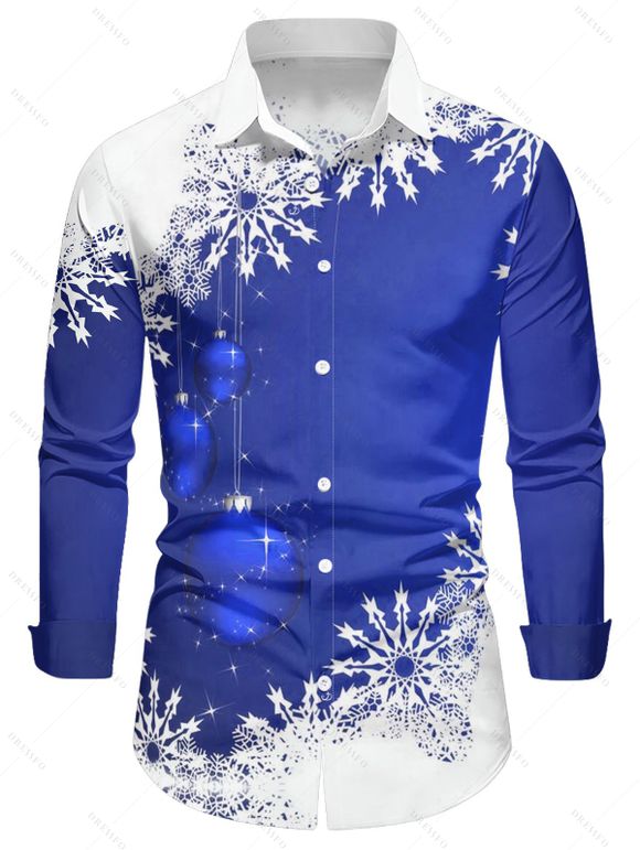 Chemise Décontractée Flocon de Neige et Boule Imprimés à Manches Longues - Bleu 2XL