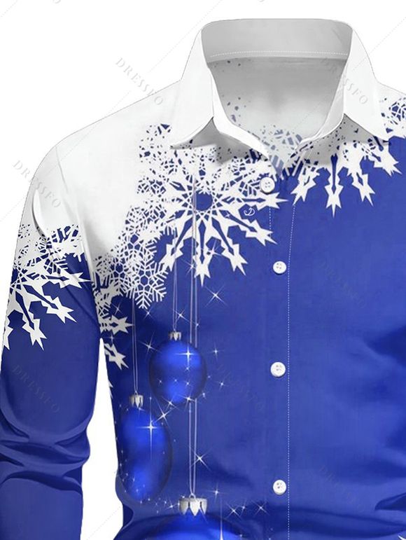 Chemise Décontractée Flocon de Neige et Boule Imprimés à Manches Longues - Bleu XL