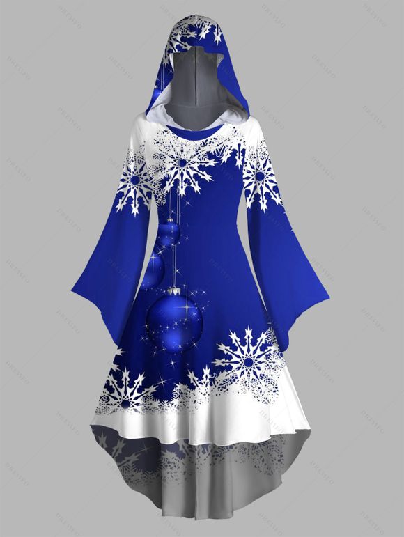 Robe à Capuche Haute Basse Boule Contrastée Flocon de Neige de Noël Imprimée à Manches Bouffantes - Bleu S | US 4