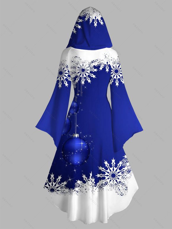 Robe à Capuche Haute Basse Boule Contrastée Flocon de Neige de Noël Imprimée à Manches Bouffantes - Bleu XXL | US 14