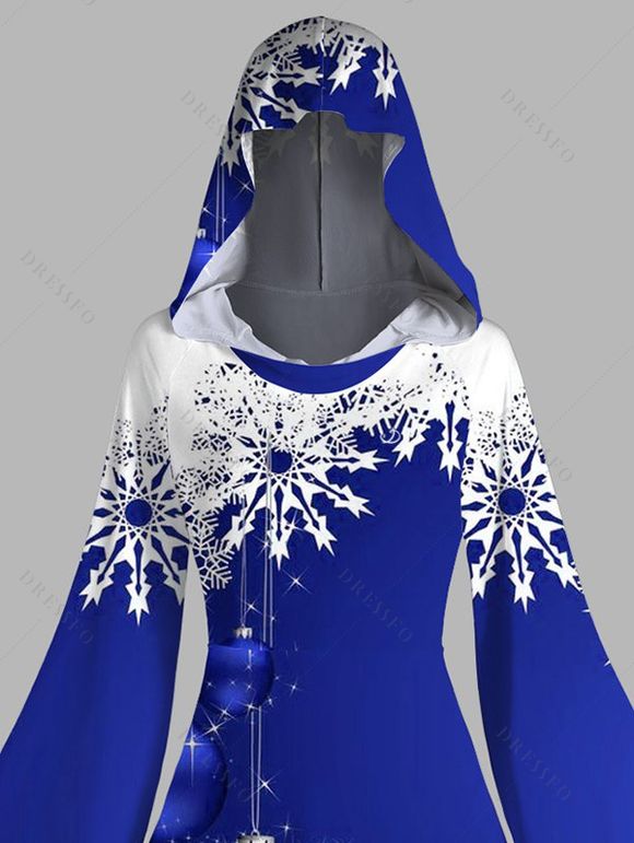 Robe à Capuche Haute Basse Boule Contrastée Flocon de Neige de Noël Imprimée à Manches Bouffantes - Bleu XXL | US 14