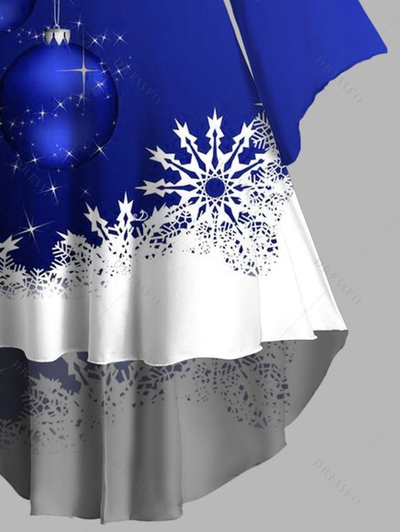 Robe à Capuche Haute Basse Boule Contrastée Flocon de Neige de Noël Imprimée à Manches Bouffantes - Bleu XXL | US 14