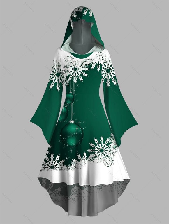 Robe à Capuche Haute Basse Boule Contrastée Flocon de Neige de Noël Imprimée à Manches Bouffantes - Vert profond S | US 4