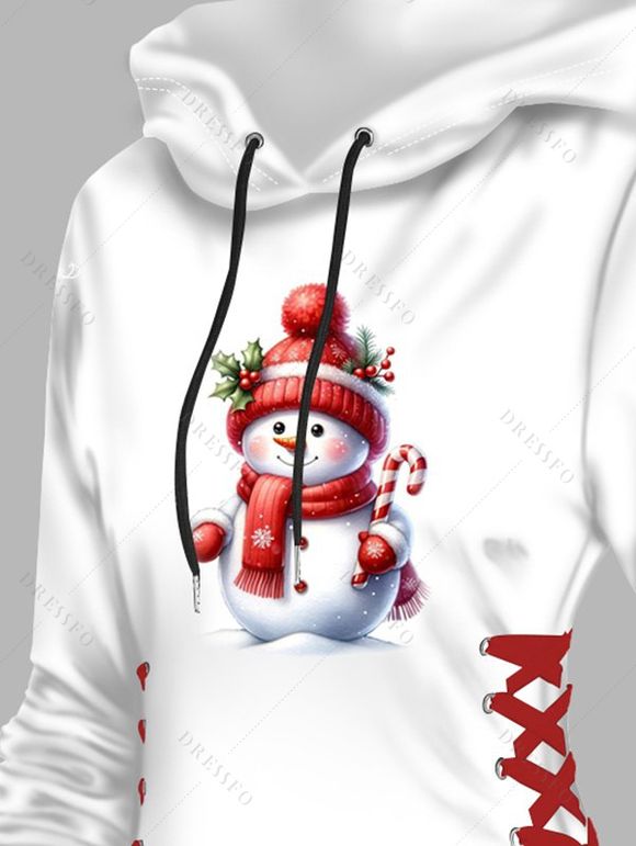 Mini Robe Ligne A à Capuche Motif de Bonhomme de Neige de Noël à Manches Longues à Lacets - Rouge foncé XXL | US 14