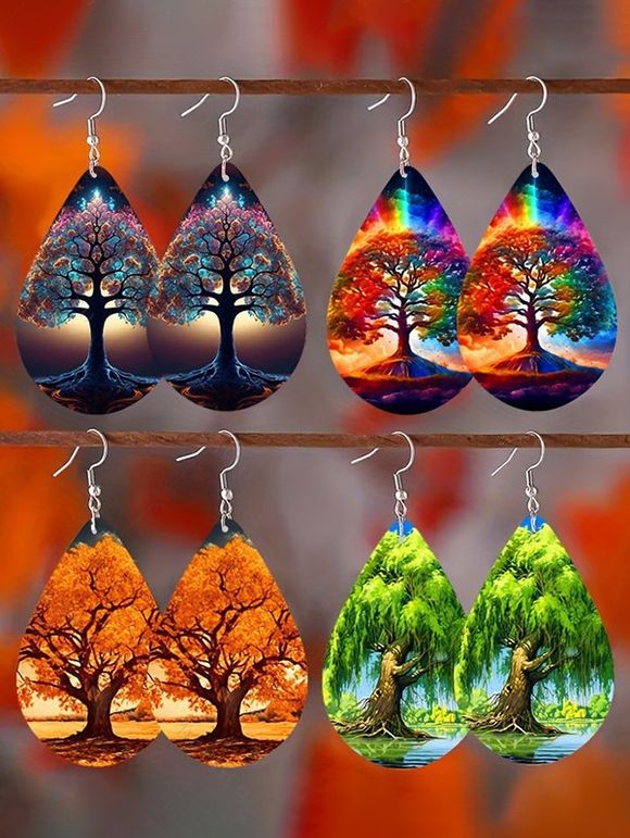 4 Paires Boucles D'Oreilles Pendantes Motif Arbre de Vie en Acrylique - multicolor A 