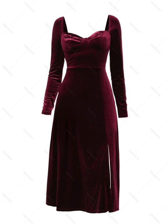 Robe Mi-Longue en Couleur Unie à Taille Haute Poitrine Plissée en Velours - Rouge foncé XL | US 10