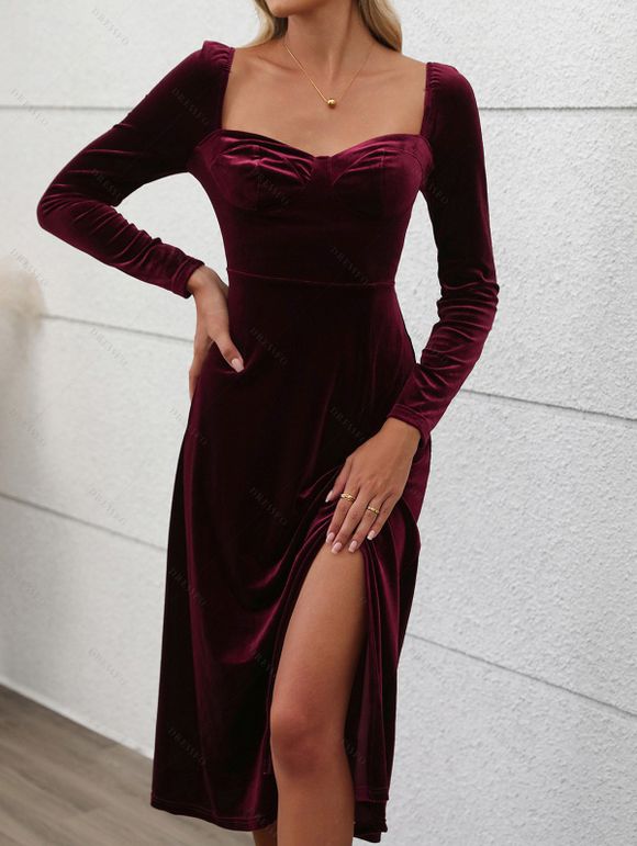 Robe Mi-Longue en Couleur Unie à Taille Haute Poitrine Plissée en Velours - Rouge foncé M | US 6