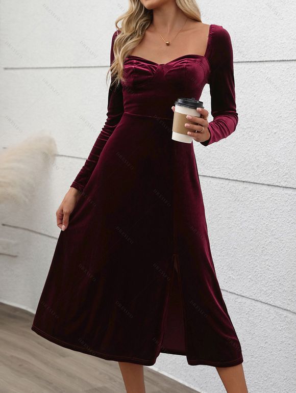 Robe Mi-Longue en Couleur Unie à Taille Haute Poitrine Plissée en Velours - Rouge foncé M | US 6