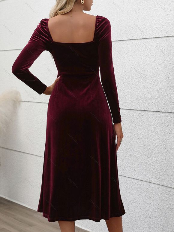 Robe Mi-Longue en Couleur Unie à Taille Haute Poitrine Plissée en Velours - Rouge foncé M | US 6