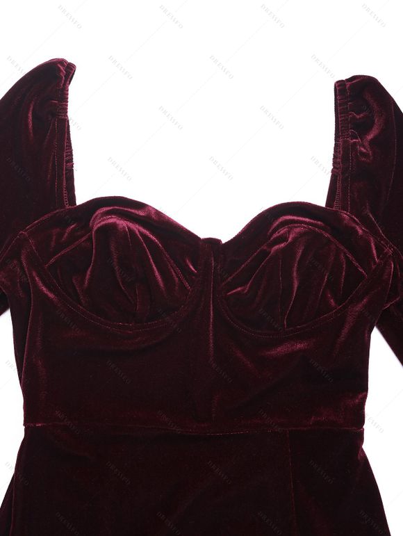 Robe Mi-Longue en Couleur Unie à Taille Haute Poitrine Plissée en Velours - Rouge foncé M | US 6