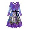 Robe Mi-Longue de Noël Croisée Ceinturée Bonhomme de Neige Galaxie Imprimée à Manches Longues - Pourpre XXXXXL | US 20