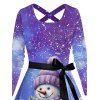 Robe Mi-Longue de Noël Croisée Ceinturée Bonhomme de Neige Galaxie Imprimée à Manches Longues - Pourpre XXXXXL | US 20