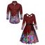 Sparkled Christmas Tree Print Long Sleeve Belted Midi Dress And Button Up Shirt Matching Outfit - Rouge foncé S | US 4