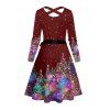 Sparkled Christmas Tree Print Long Sleeve Belted Midi Dress And Button Up Shirt Matching Outfit - Rouge foncé S | US 4