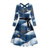 Christmas Elk Snowman Print Long Sleeve Belted Dress And Button Up Shirt Matching Outfit - Bleu gris S | US 4