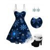 Christmas Galaxy Snowflake Print Sweetheart Neck Mini Dress And Faux Fur Boots Hook Drop Earrings Outfit - Bleu profond S | US 4