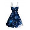 Christmas Galaxy Snowflake Print Sweetheart Neck Mini Dress And Faux Fur Boots Hook Drop Earrings Outfit - Bleu profond S | US 4