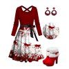 Christmas Snowflake Elk Sleigh Ride Print Crisscross Bowknot Belted Dress And High Heel Faux Fur Boots Plaid Round Earrings Outfit - Rouge foncé S | US 4