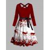 Christmas Snowflake Elk Sleigh Ride Print Crisscross Bowknot Belted Dress And High Heel Faux Fur Boots Plaid Round Earrings Outfit - Rouge foncé S | US 4